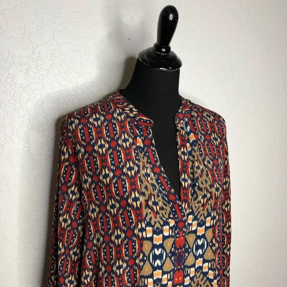 Tolani red blue orange graphic print silk shift dress size Medium